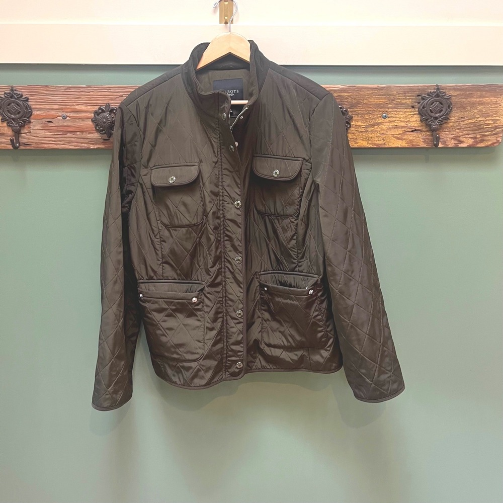 Talbots Quilted Barn Jacket Olive Green Brown Diamond Quilt Full Zip XL